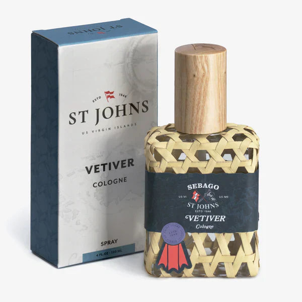 St Johns Vetiver Cologne bottle with woven design and box packaging featuring the brand name.