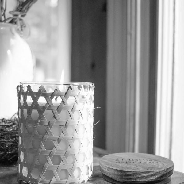 Bay Rum Hand-Poured Soy Wax Candle from St Johns, styled with natural elements.