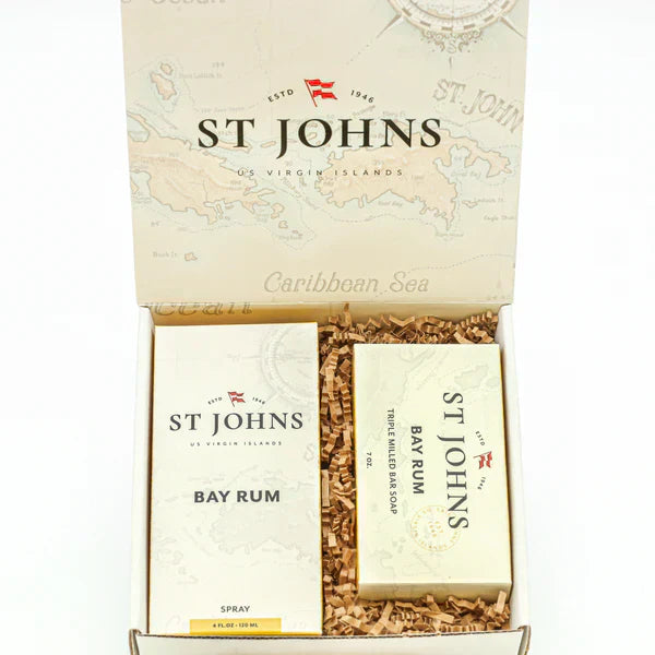St Johns Bay Rum cologne spray and bar soap gift set in a handcrafted Caribbean-style box.