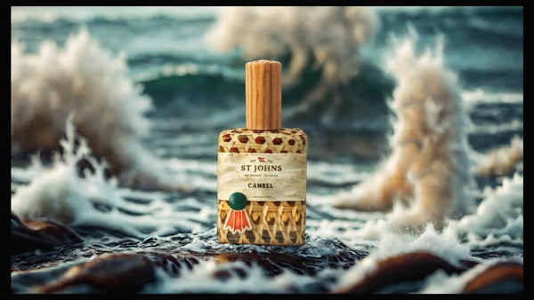 A bottle of St Johns Caneel cologne standing on ocean rocks with waves in the background.