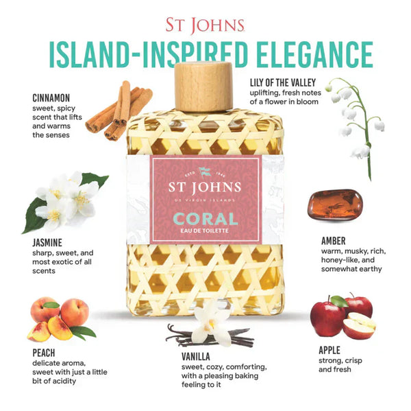 St Johns Coral perfume bottle surrounded by illustrated fragrance notes of cinnamon, jasmine, peach, vanilla, and amber.