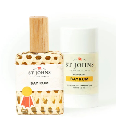 St Johns Bay Rum 4oz Spray Deodorant in signature cane-wrapped bottle with bold tropical style.