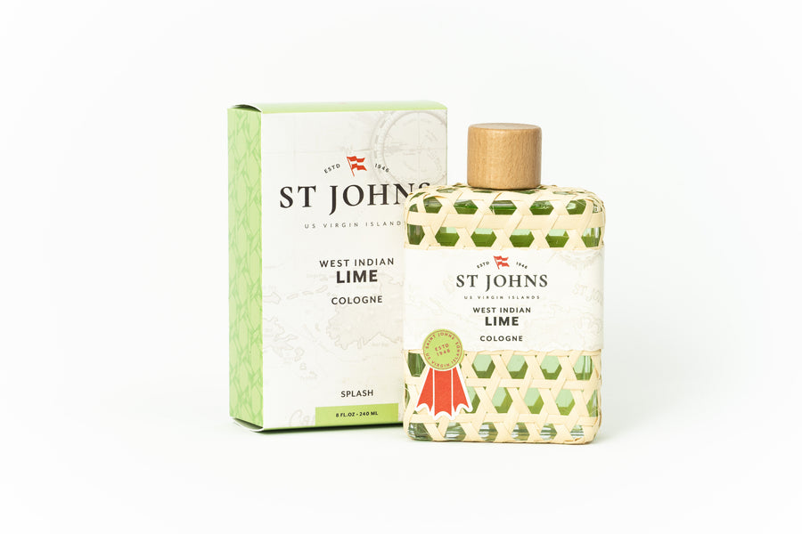 St Johns West Indian Lime Cologne bottle with vibrant green accents and island-inspired packaging.