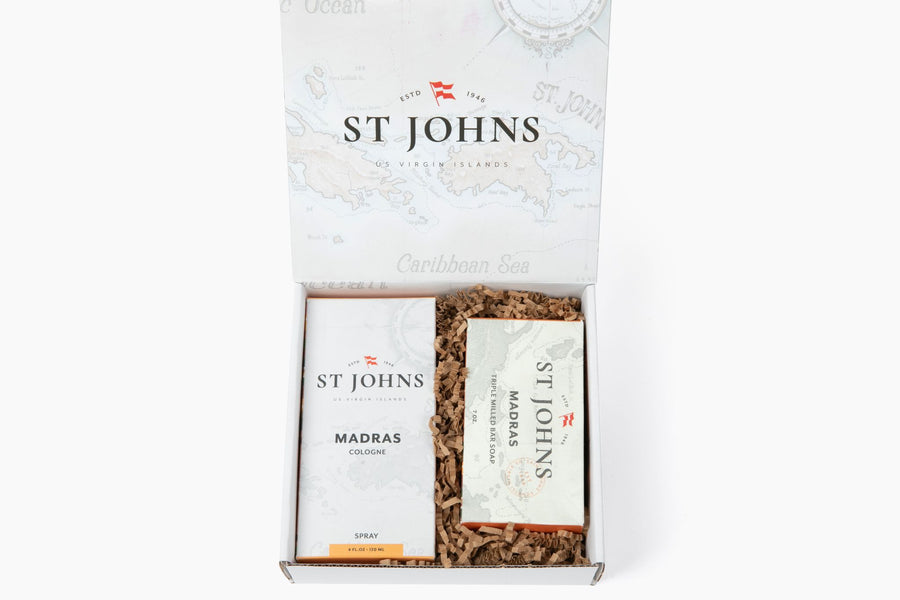 St Johns Madras Cologne and Soap Gift Set wrapped in signature woven packaging, a refined groomsmen gift choice.