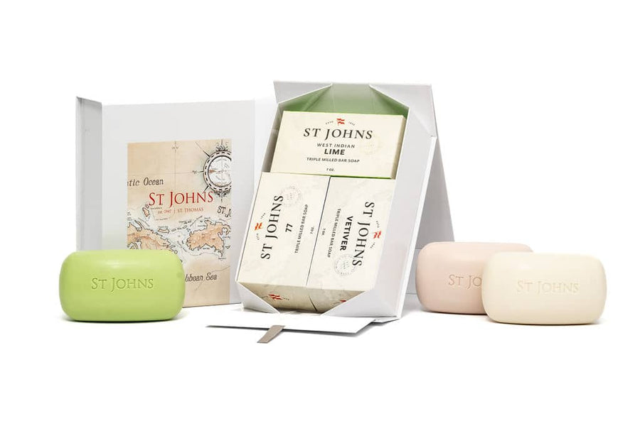 St Johns Soap Gift Set featuring Bay Rum, Lime, and No. 77 soaps, perfect personalized groomsmen gift.