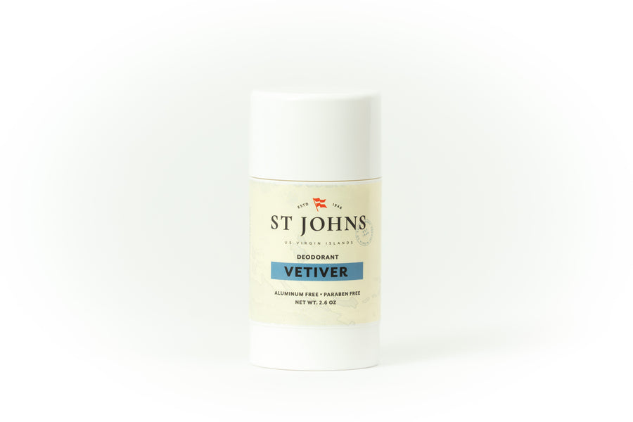 Vetiver Aluminum-Free Deodorant stick from St Johns with earthy, citrus-fresh scent.