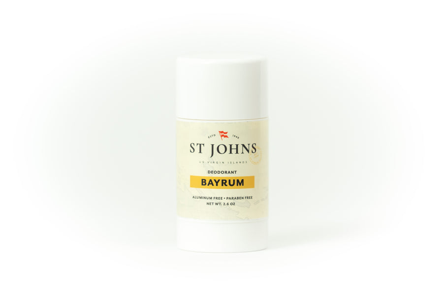 Bay Rum Aluminum-Free Deodorant stick from St Johns featuring classic Caribbean-inspired scent.