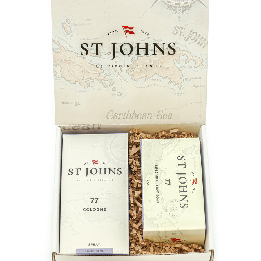 St Johns No. 77 Cologne and Soap Gift Set with citrus-herbal fragrance, ideal for groomsmen favor sets.